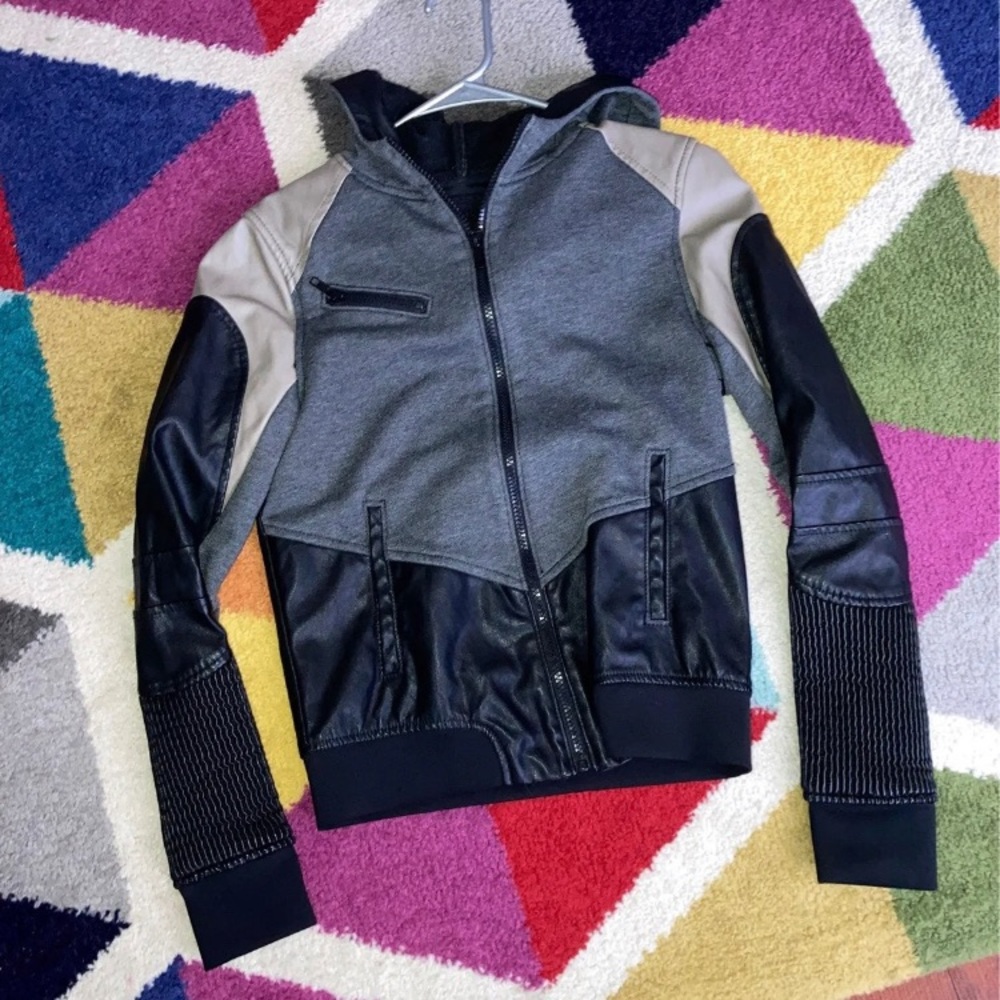Vegan leather and soft cotton sweatshirt.